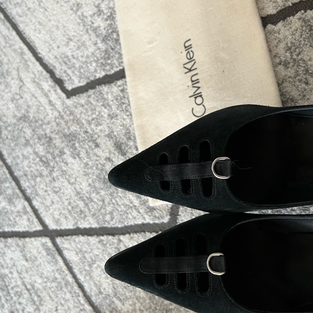 Calvin Klein suede point toe heels with satin details